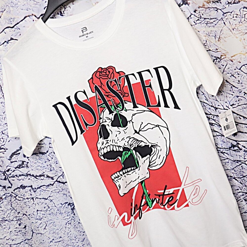 White Graphic Tee M Faded Black Mens Disaster Infinite Skull Rose Y2K Shirt
